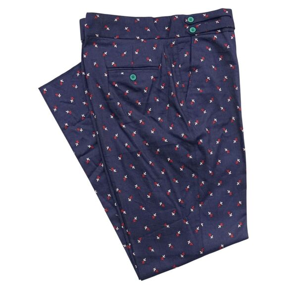 Mens Gurkha Pants 38 Blue Red Beige Floral Trousers Straight Fit Flat Front